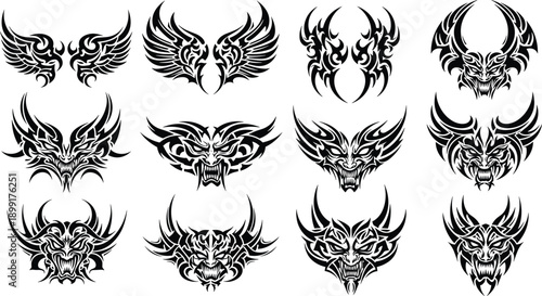 Tribal Demon Mask Silhouettes and Gothic Winged Shapes Vector Set for Dark Fantasy Tattoos Heavy Metal Branding and Edgy Graphic Design Illustration Projects