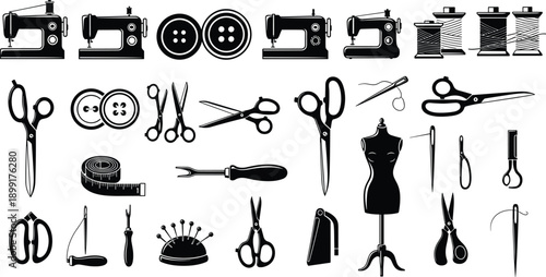 Tailoring and Sewing Tools Vector Silhouette Set Featuring Sewing Machines Scissors Buttons Thread Spools Mannequin and Measuring Tape for Fashion Design and Crafting Projects