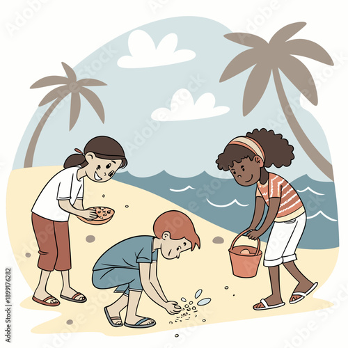People picking up trash on a beach Vector