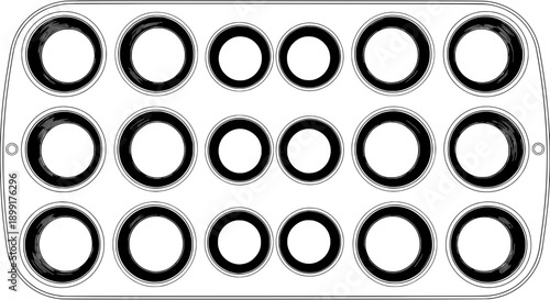 A baking vector illustration featuring twenty-six circular molds arranged in a baking tray.