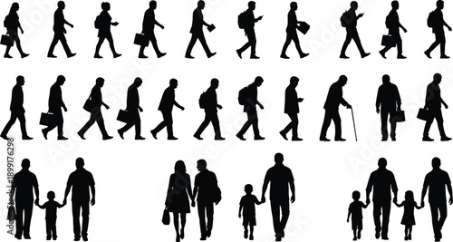 Set of Black Pedestrian Silhouettes Featuring People Walking With Briefcases Families Holding Hands and Senior Citizens for Urban City Life and Commuter Graphic Design