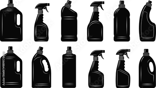 Vector silhouette illustration set of various household cleaning product bottles including sprayers laundry detergent jugs and bleach containers for sanitation and hygiene designs