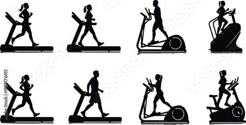 Vector silhouette illustration set of people exercising on gym equipment including treadmills elliptical machines and stair climbers for fitness health and cardio workout designs