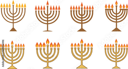 Vector illustration bundle featuring sitting audience silhouettes spicy taco cartoon mascots flying peace doves and traditional Hanukkah menorah candelabras for diverse commercial design projects