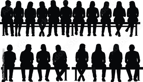 Vector silhouette illustration of a diverse group of people sitting together on benches in rows representing an audience for a stadium or public event
