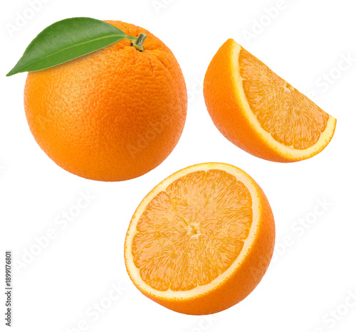 Orange fruit with leaves, halves and pieces isolated, transparent PNG, PNG format, Oranges with juicy flesh