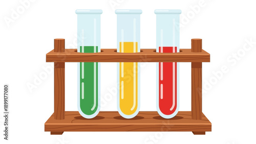 Three colored laboratory test tubes filled with chemical liquids resting in a wooden rack