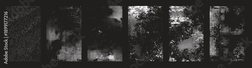 Black and white abstract textured panels with halftone dots and grunge effects background distressed