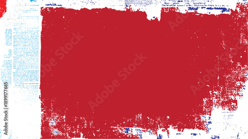 Red and blue distressed texture overlay on white background with faint text patterns abstract grunge