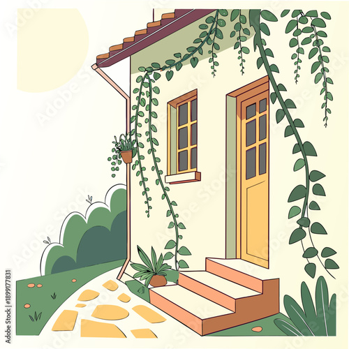 Cozy cottage with lush greenery