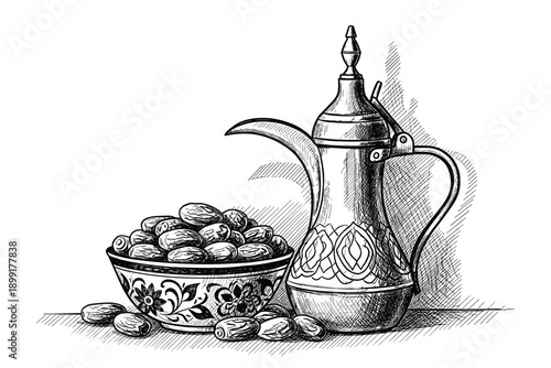 Arabic coffee pot vector and dates, ramadan fast break, traditional islamic food