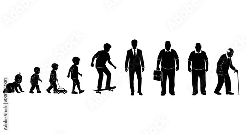 Human life stages evolution silhouette progression from baby to elderly man.