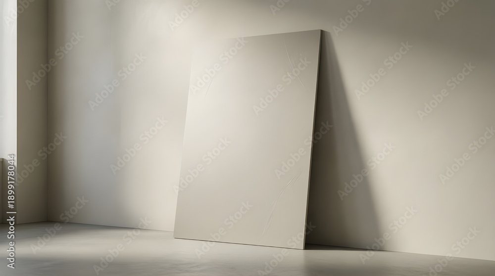 Fototapeta premium Minimal Poster Mockup Leaning Against Wall in Neutral Interior Scene