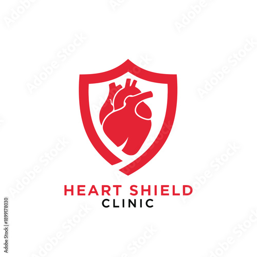 Anatomical heart inside shield icon for medical cardiology health care and insurance company logo template for Heart Shield Clinic brand