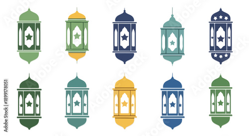 Colorful lanterns in green, blue, yellow, and orange hang on a white background.