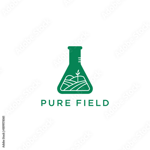 Laboratory erlenmeyer flask with farm field and plant icon logo for agriculture research and organic science industry named Pure Field