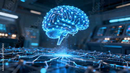 Floating glowing blue brain above intricate circuitry in a futuristic laboratory, viewed from a low-angle perspective highlighting advanced technology