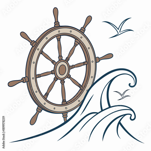 Nautical steering wheel with waves and seagulls