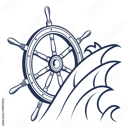 Ship wheel and waves