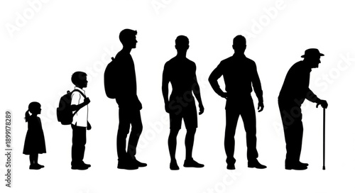 Human life cycle stages silhouette progression from child to elder.