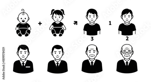 Human life stages and generations depicted in simple icons.