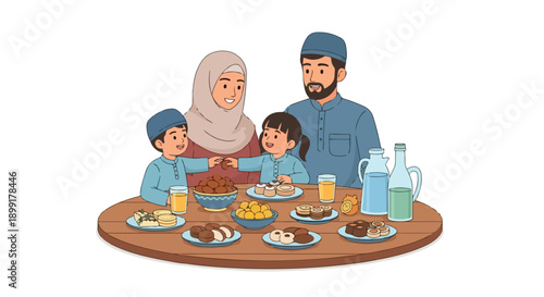 A Muslim family eats together at a table with various dishes and drinks.