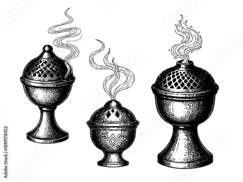 Traditional incense burner engraving illustration for Chinese New Year ritual branding