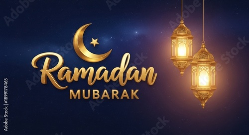 Ramadan mubarak greeting with lantern and crescent moon