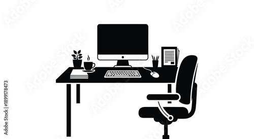 Simple black and white illustration of a modern office workspace setup