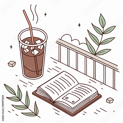 Relaxing afternoon with a book and iced coffee