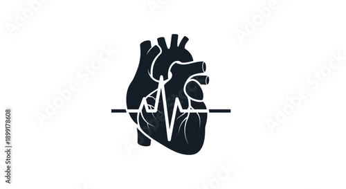 Stylized black heart illustration with electrocardiogram line and heartbeat