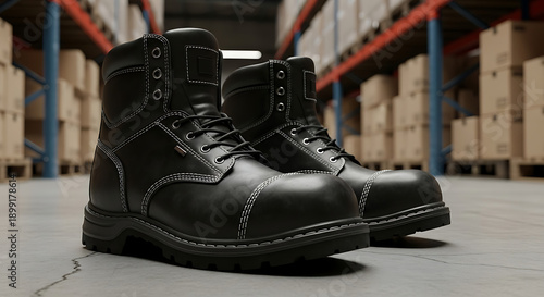 Wallpaper Mural Black Leather Safety Boots with Steel Toe in Warehouse Industrial Logistics Setting Torontodigital.ca
