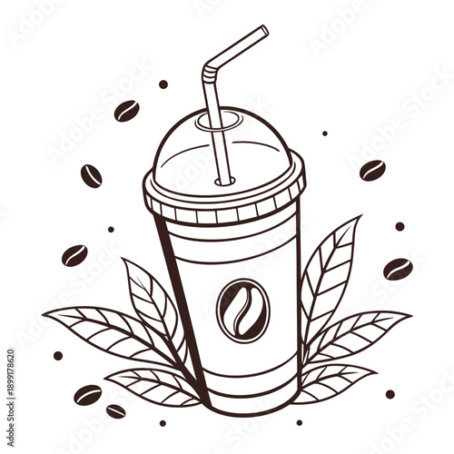 Iced coffee drink with coffee beans and leaves