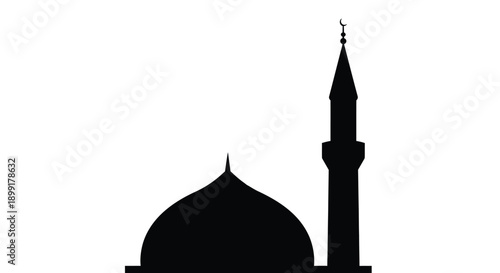 Silhouetted mosque with a dome and minaret against a white background