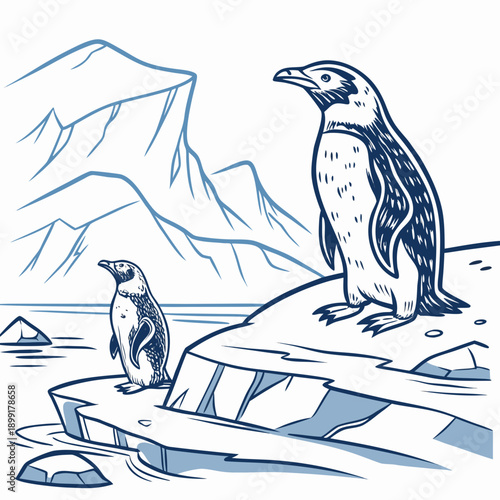 Penguins in an arctic landscape