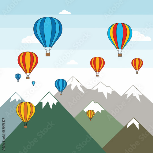 Hot air balloons floating over a scenic mountain range with snow-capped peaks under a clear sky.