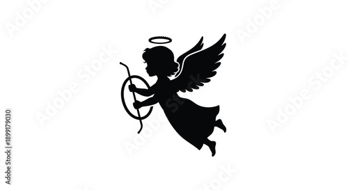 Silhouette of a cherubic angel playing a hoop with a stick