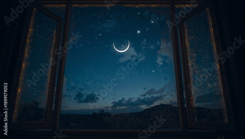 A lucid nocturnal dream unfolds through a vintage window, revealing the mystical glow of a delicate crescent moon and shimmering stars above an ancient landscape