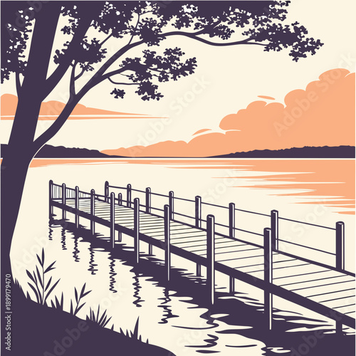 Serene lakeside bridge at sunset