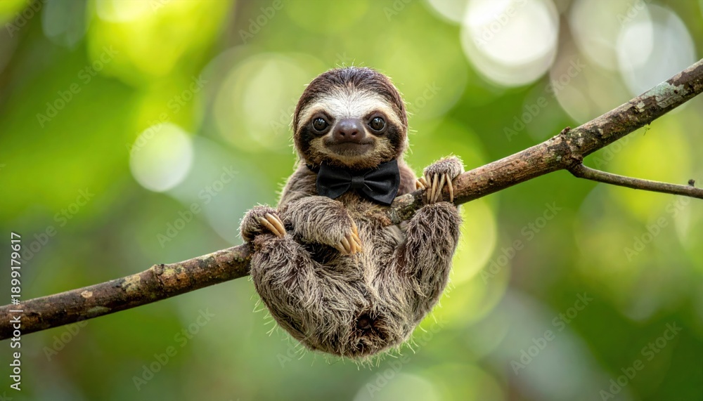 Obraz premium Adorable Baby Sloth Hanging on a Branch in the Rainforest.