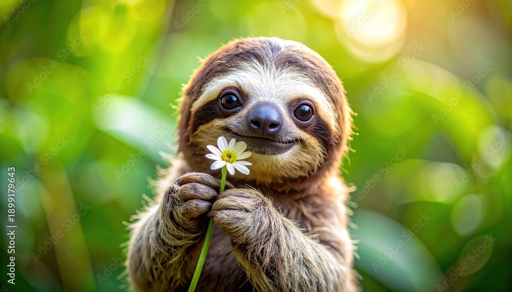 Obraz premium Adorable baby sloth holding a daisy flower in a lush green forest.