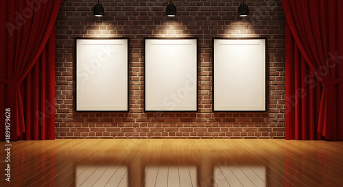 Wallpaper Mural Three Blank Posters on Brick Wall Gallery Stage with Red Curtains and Spotlight Illumination Torontodigital.ca