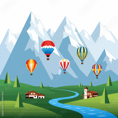 Colorful hot air balloons flying over a picturesque mountain landscape with a winding river and small villages.