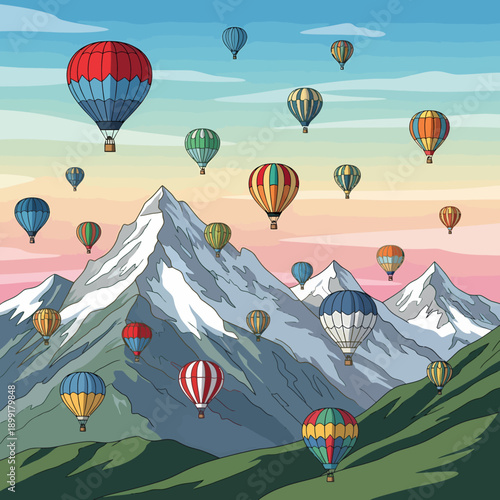 A colorful illustration of numerous hot air balloons soaring above majestic snow-capped mountains and green valleys under a vibrant sky.