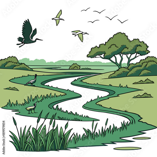 Winding river in a serene wetland