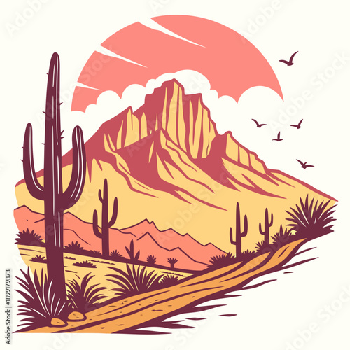 Desert landscape with mountains and cacti