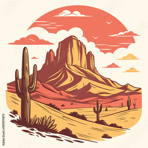 Desert landscape with cacti and mountains