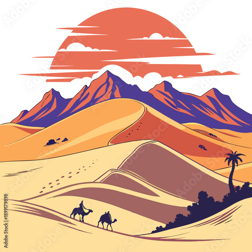 Desert journey at sunset