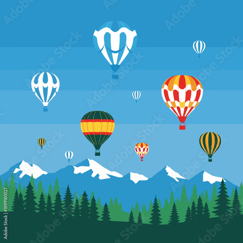 Colorful hot air balloons floating over a scenic mountain landscape with pine forests under a clear blue sky.