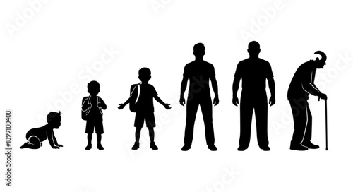 Human life stages silhouette progression from baby to elderly man.